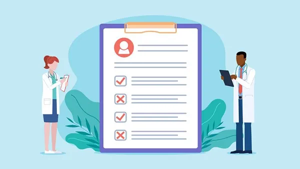 Illustrated healthcare professionals reviewing a large checklist on a clipboard, representing the evaluation of employee classification forms such as 1099 and W‑2.