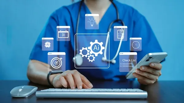 Photo of a healthcare professional in blue scrubs with a stethoscope, using a smartphone and keyboard. Transparent AI interface icons are overlaid, including “AI,” “Check List,” calendar, target, document, clock, and lightbulb symbols.