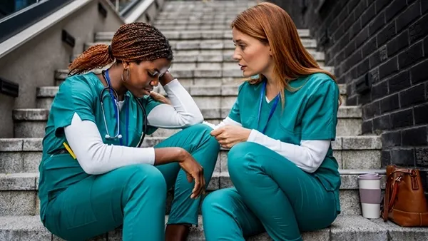 Nurse in scrubs looking exhausted while a healthcare leader observes, highlighting leadership responsibility in addressing the nursing crisis